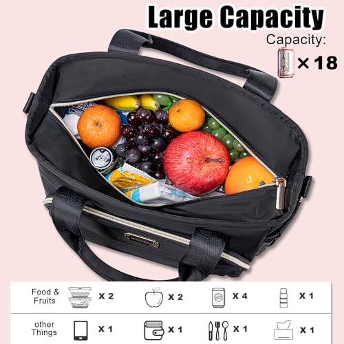 Weitars Insulated Lunch Bag for Women,Leak Proof Lunch Box for Work,Extra Large Lunch Tote Bag With Removable Shoulder Strap with Side Pockets,Reusable Lunch Bag For Picnic Hiking (Black-02) - Image 2