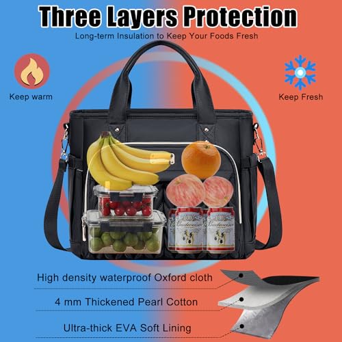 Weitars Insulated Lunch Bag for Women,Leak Proof Lunch Box for Work,Extra Large Lunch Tote Bag With Removable Shoulder Strap with Side Pockets,Reusable Lunch Bag For Picnic Hiking (Black-02) - Image 5
