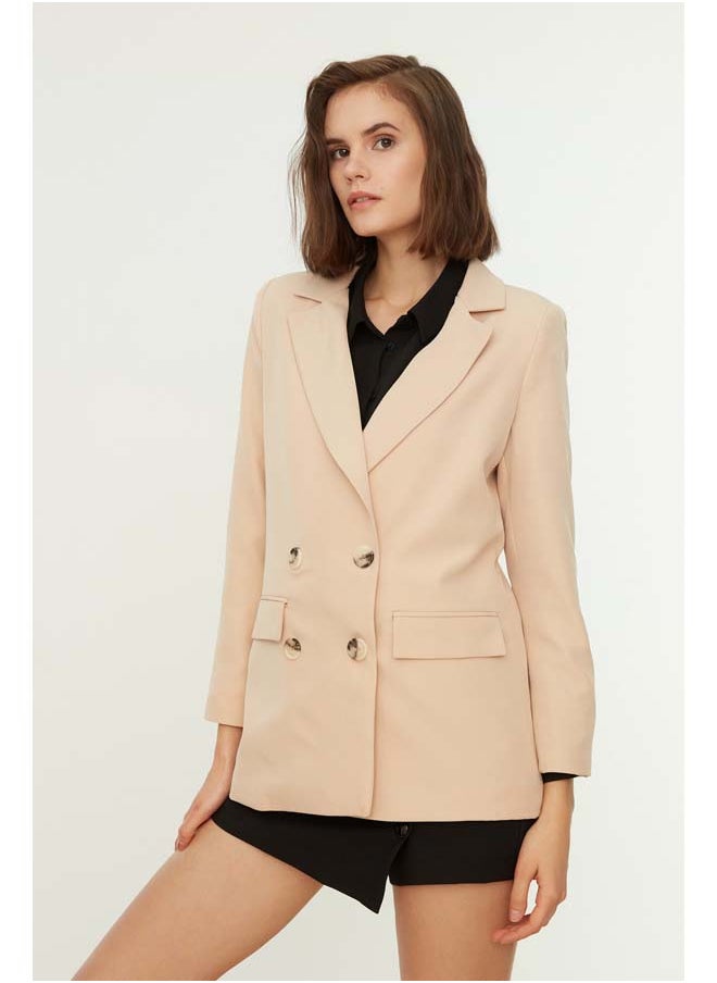 trendyol Beige Regular Lined Double Breasted Closure Woven Blazer Jacket TWOAW21CE0264  - Image 4