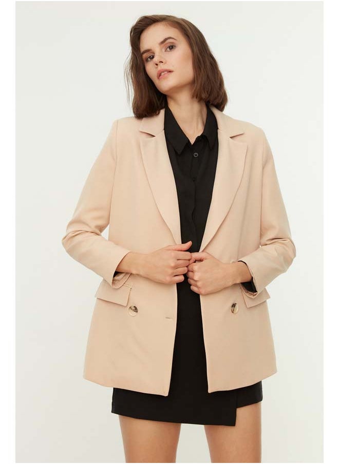 trendyol Beige Regular Lined Double Breasted Closure Woven Blazer Jacket TWOAW21CE0264  - Image 2