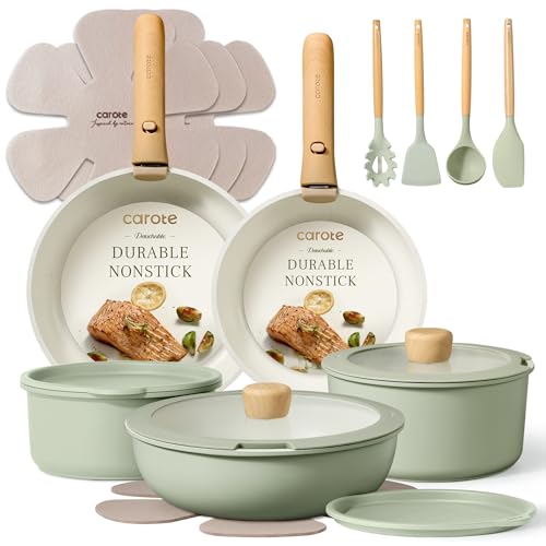 CAROTE Pots and Pans Set Nonstick Cookware Set Detachable Handle 19pcs Induction Kitchen Cookware Sets Non Stick with Removable Handle RV Cookware Set Oven Safe Sage Green - Image 1