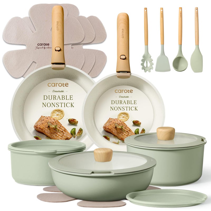 CAROTE Pots and Pans Set Nonstick Cookware Set Detachable Handle 19pcs Induction Kitchen Cookware Sets Non Stick with Removable Handle RV Cookware Set Oven Safe Sage Green - Image 2