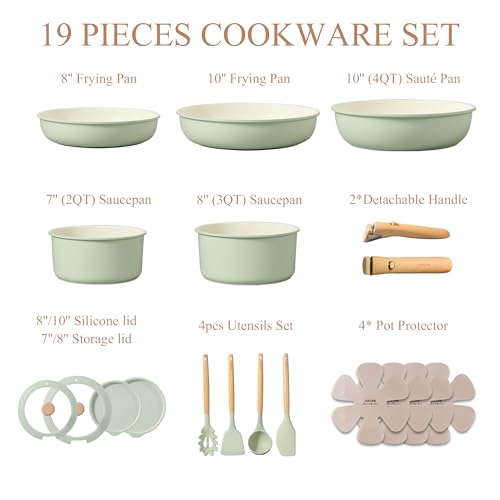 CAROTE Pots and Pans Set Nonstick Cookware Set Detachable Handle 19pcs Induction Kitchen Cookware Sets Non Stick with Removable Handle RV Cookware Set Oven Safe Sage Green - Image 3