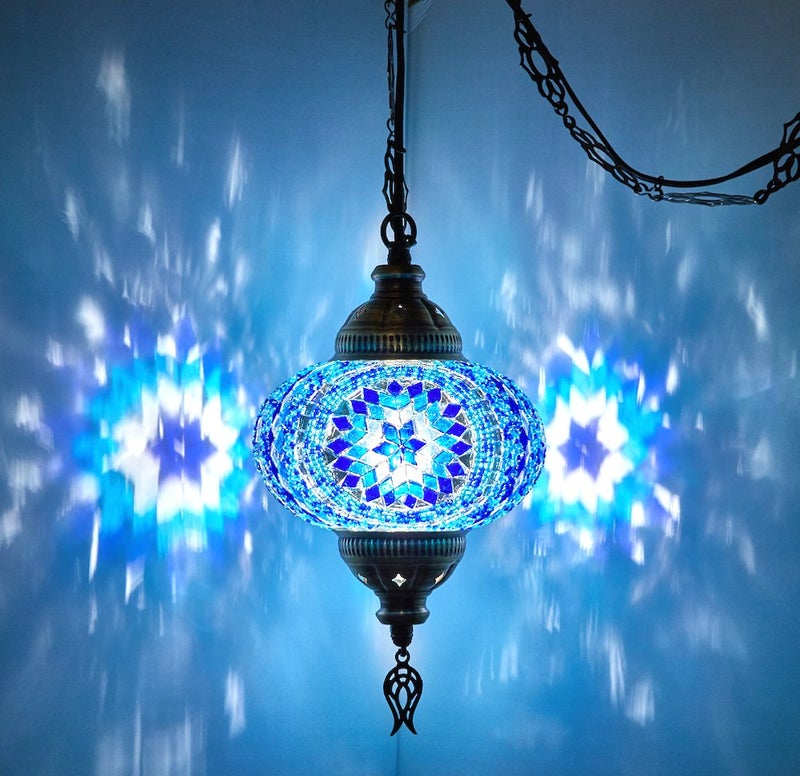 DEMMEX Plug-in Turkish Moroccan Mosaic Hanging Pendant Ceiling Light – Swag Lamp Fixture with 15ft Cord & Chain, Handcrafted Glass, Tiffany Style, Mediterranean Decor (Blue) - Image 2