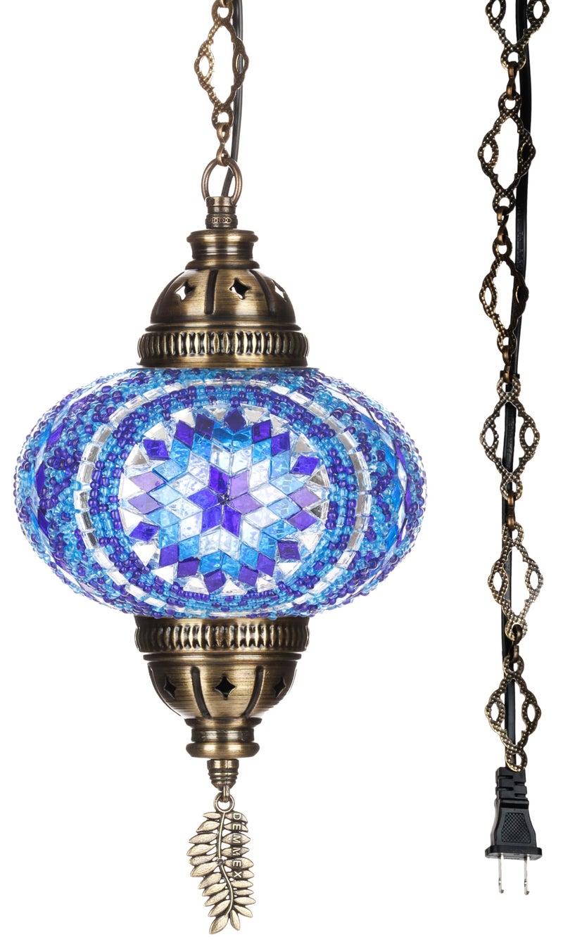 DEMMEX Plug-in Turkish Moroccan Mosaic Hanging Pendant Ceiling Light – Swag Lamp Fixture with 15ft Cord & Chain, Handcrafted Glass, Tiffany Style, Mediterranean Decor (Blue) - Image 1