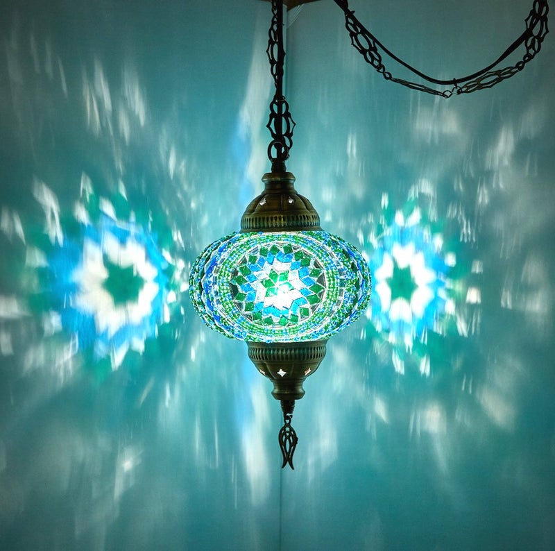 DEMMEX Plug-in Turkish Moroccan Mosaic Hanging Pendant Ceiling Light – Swag Lamp Fixture with 15ft Cord & Chain, Handcrafted Glass, Tiffany Style, Mediterranean Decor (Blue) - Image 5