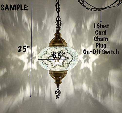 DEMMEX Plug-in Turkish Moroccan Mosaic Hanging Pendant Ceiling Light – Swag Lamp Fixture with 15ft Cord & Chain, Handcrafted Glass, Tiffany Style, Mediterranean Decor (Blue) - Image 4