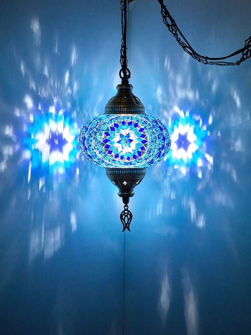 DEMMEX Plug-in Turkish Moroccan Mosaic Hanging Pendant Ceiling Light – Swag Lamp Fixture with 15ft Cord & Chain, Handcrafted Glass, Tiffany Style, Mediterranean Decor (Blue) - Image 3