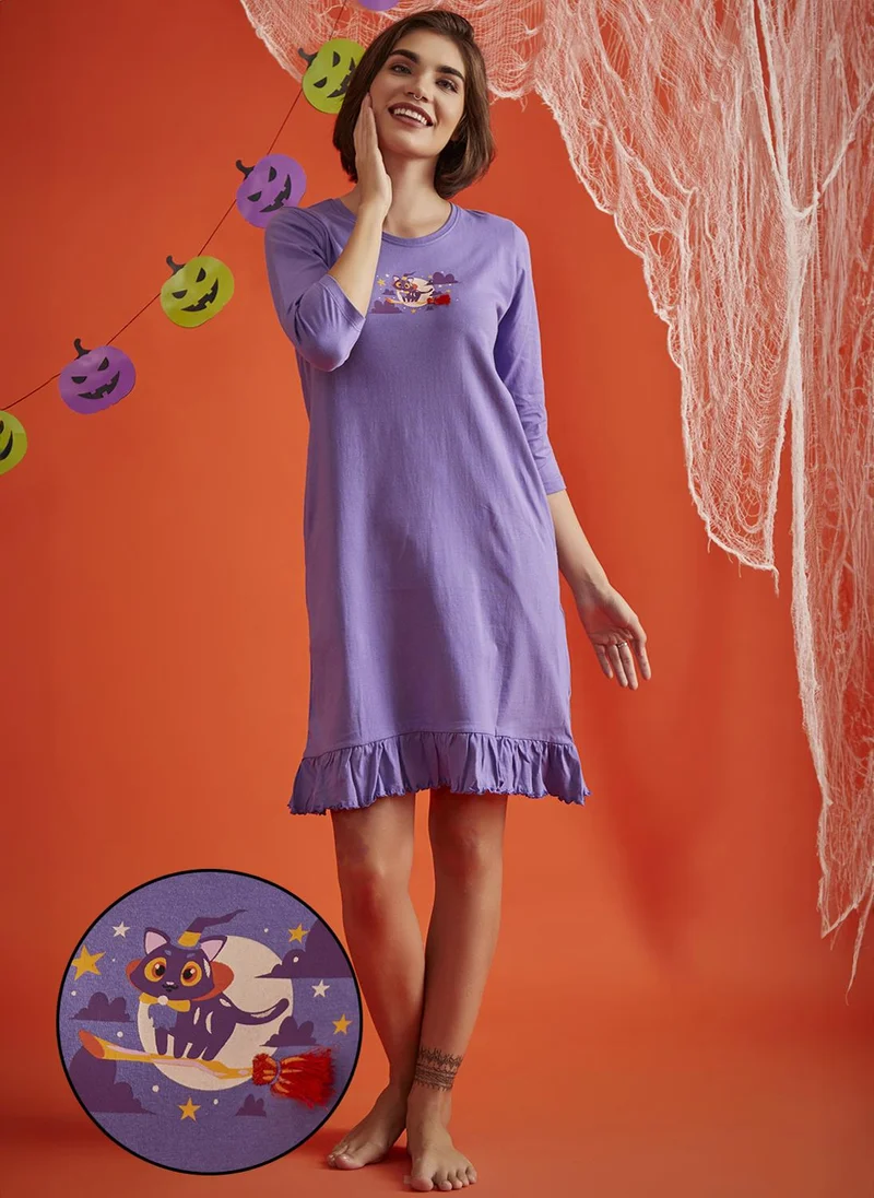 Clovia Clovia Halloween Print Short Night Dress in Lilac - 100% Cotton