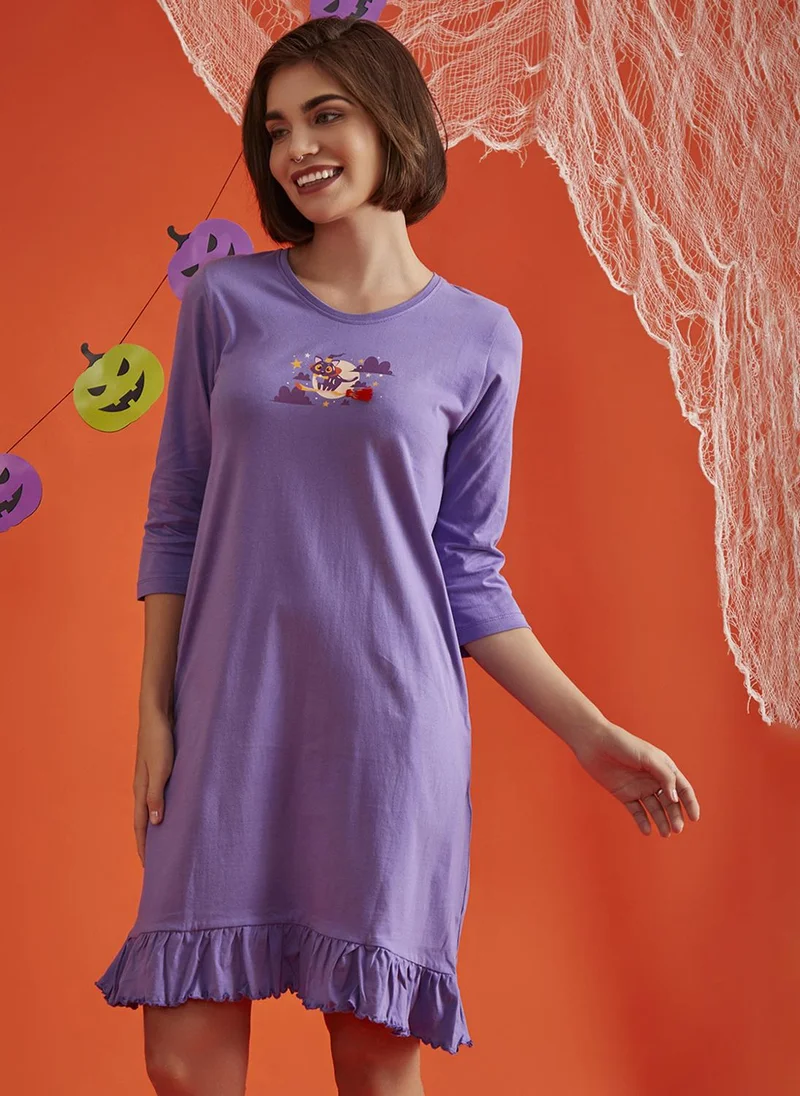 Clovia Clovia Halloween Print Short Night Dress in Lilac - 100% Cotton