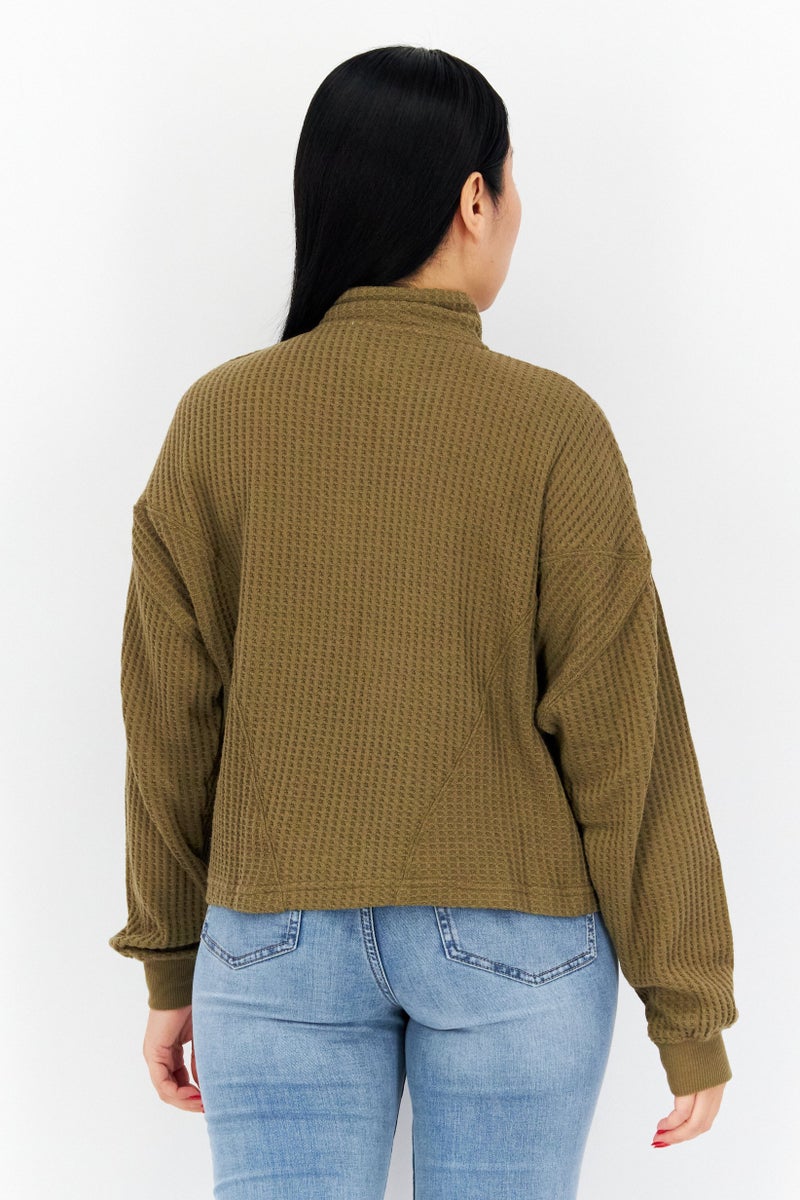 Stilosophy Industry Women Full Zipper Textured Sweatshirt, Olive - Image 4