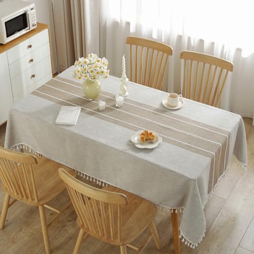 Jia le JIALE Tablecloths for Rectangle Tables, Cotton Linen Table Cloth Waterproof Tablecloth Wrinkle Free Farmhouse Dining Tables Cover, Soft Fabric Table Cloths with Tassels, Brown, 55" X 86", 6-8 Seats - Image 2