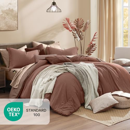 Monbix Queen Comforter Set - 7 Pieces Cationic Dyeing Terracotta Bed in a Bag Queen Bedding Sets with Comforter, Sheets, Pillowcases & Shams, Reversible Bedding Comforters Sets - Image 5