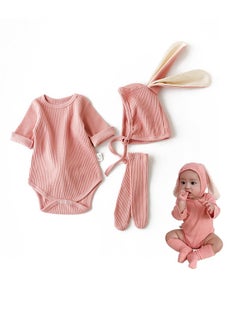Baby Onesie, Bunny Ears Long Sleeve Crawl Suit, Newborn Bodysuit, Cartoon Crawl Suit, 3 Piece Crawl Suit with Hat and Socks for Newborns with A Height of 66 cm (Pink)