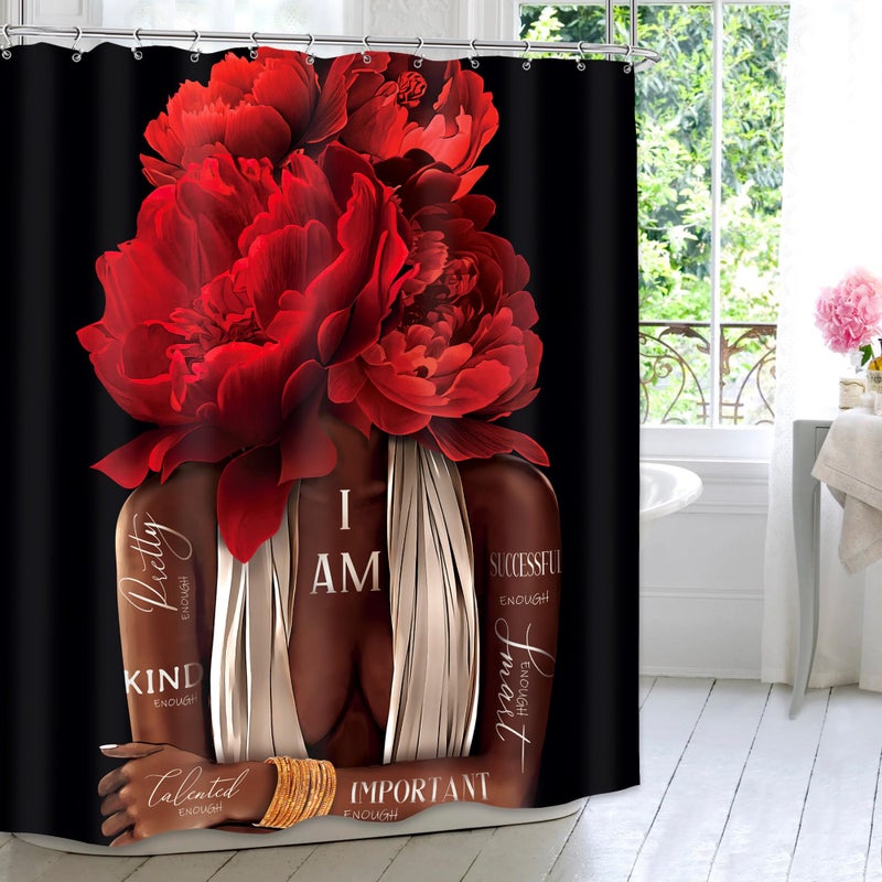 MESHELLY Red Black Girl Shower Curtain 60Wx72H African American Burgundy Rose Peony Floral Bathroom Curtain Black Woman Positive Quote Bath Curtain Vintage Afro Lady Fabric Bathroom Decor with 12 Hook - Image 2