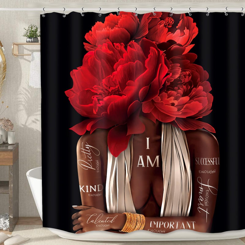 MESHELLY Red Black Girl Shower Curtain 60Wx72H African American Burgundy Rose Peony Floral Bathroom Curtain Black Woman Positive Quote Bath Curtain Vintage Afro Lady Fabric Bathroom Decor with 12 Hook - Image 1