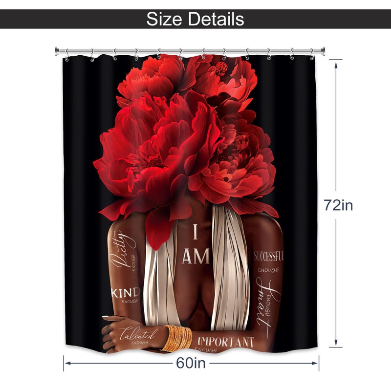 MESHELLY Red Black Girl Shower Curtain 60Wx72H African American Burgundy Rose Peony Floral Bathroom Curtain Black Woman Positive Quote Bath Curtain Vintage Afro Lady Fabric Bathroom Decor with 12 Hook - Image 3