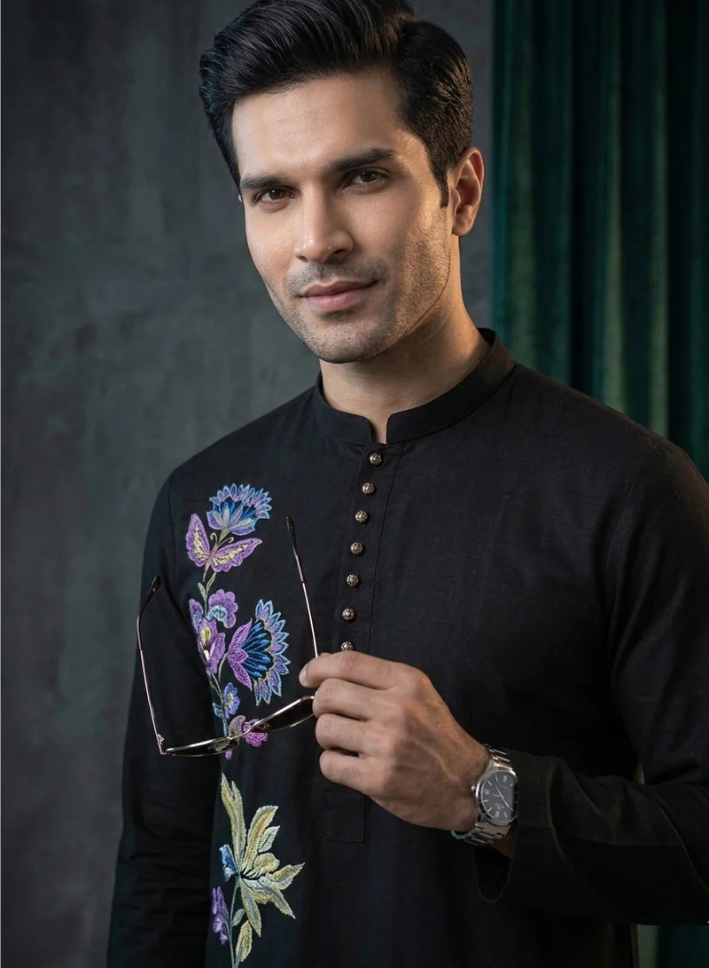 Lehar  Elegant Black Floral Printed Kurta Set with White Trousers for Men | Best Price UAE