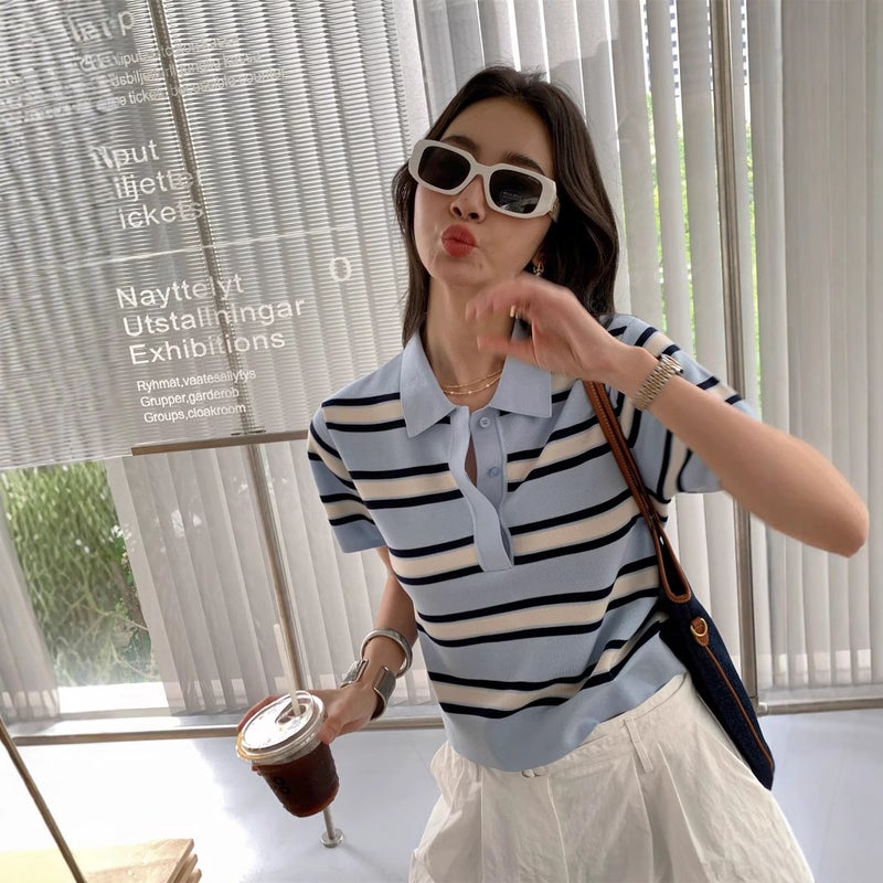 Lyocell Tencel Vintage Campus Style Polo Collar Short-Sleeved Striped Sweater Women'S Loose Short Lassel T-Shirt - Image 3