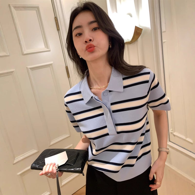 Lyocell Tencel Vintage Campus Style Polo Collar Short-Sleeved Striped Sweater Women'S Loose Short Lassel T-Shirt - Image 2