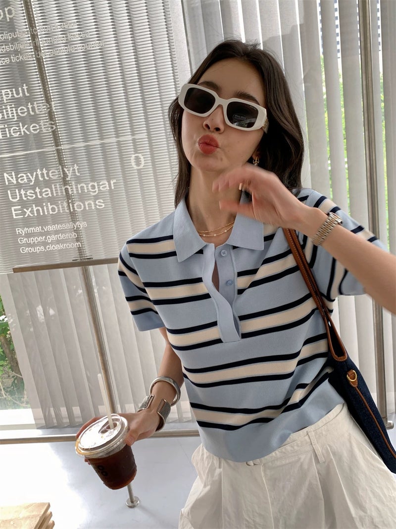 Lyocell Tencel Vintage Campus Style Polo Collar Short-Sleeved Striped Sweater Women'S Loose Short Lassel T-Shirt - Image 1