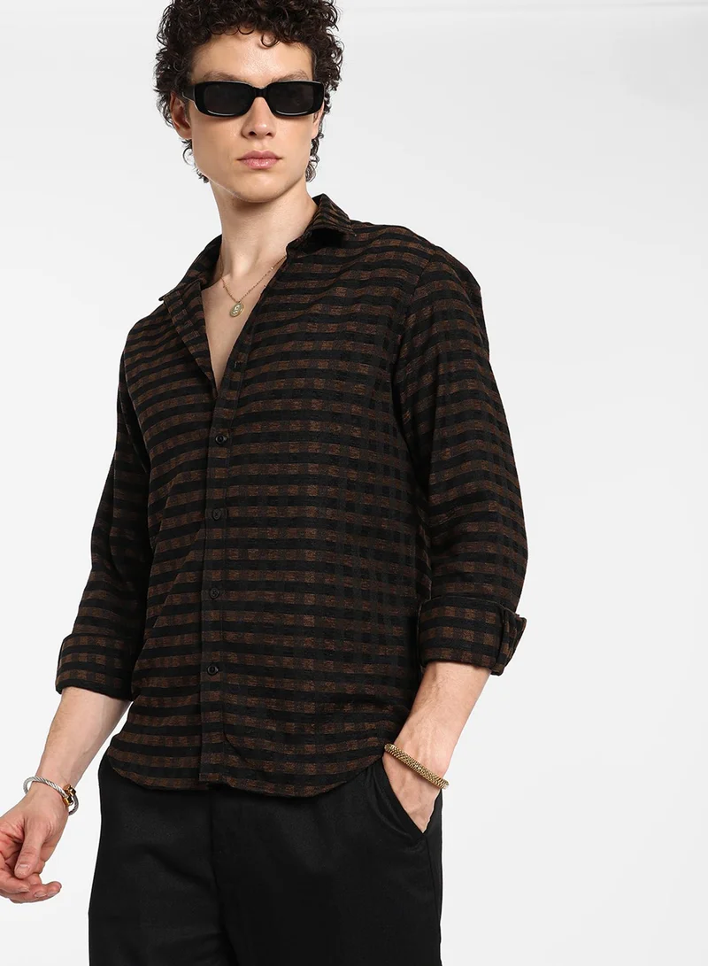 CAHOOT Men's Chocolate Brown & Charcoal Black Gingham Shirt For Casual Wear | Spread Collar | Long Sleeve | Button Closure | Shirt Crafted With Comfort Fit For Everyday Wear