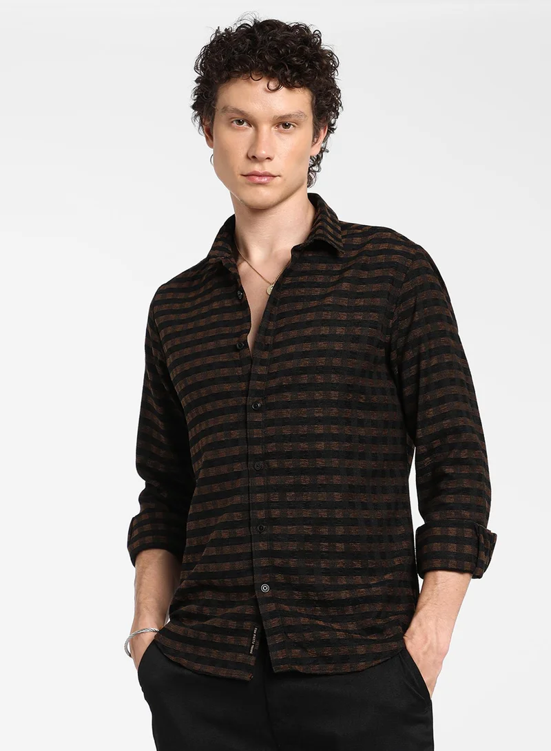 Men's Chocolate Brown & Charcoal Black Gingham Shirt For Casual Wear | Spread Collar | Long Sleeve | Button Closure | Shirt Crafted With Comfort Fit For Everyday Wear