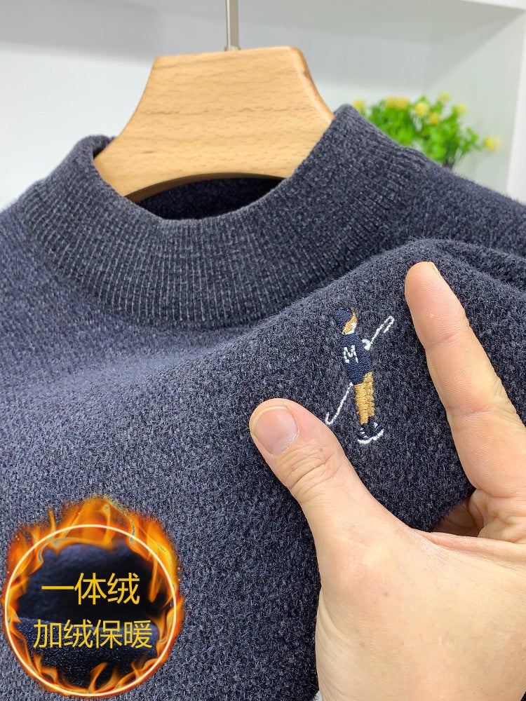 1/2 High Collar Winter Knitted Sweater Men Thickened Fleece Warm Top One-piece Fleece Base Shirt Casual Style Middle-aged Dark gray