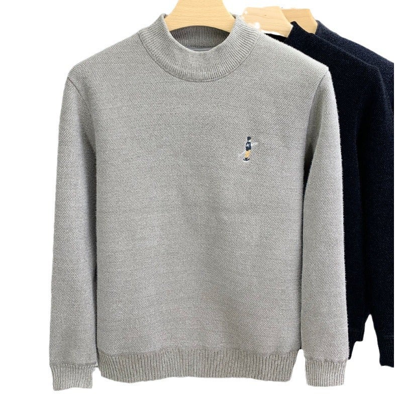1/2 High Collar Winter Knitted Sweater Men Thickened Fleece Warm Top One-piece Fleece Base Shirt Casual Style Middle-aged Dark gray