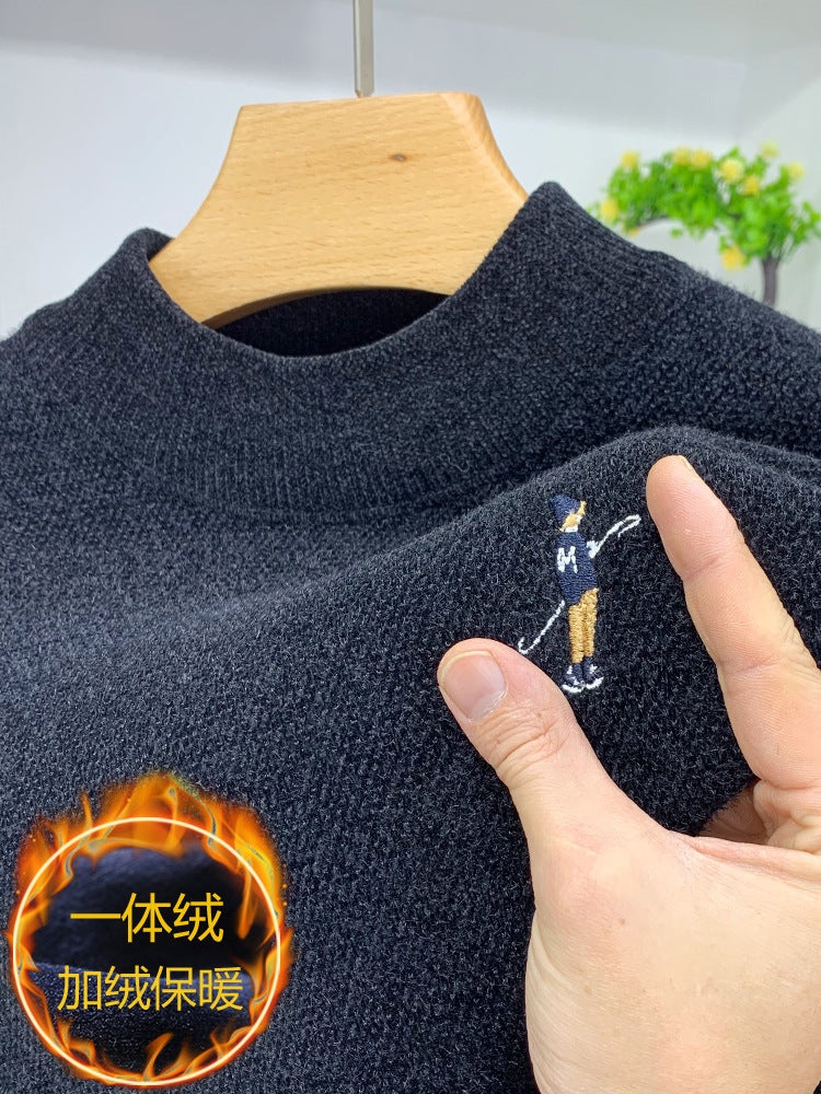 1/2 High Collar Winter Knitted Sweater Men Thickened Fleece Warm Top One-piece Fleece Base Shirt Casual Style Middle-aged Dark gray