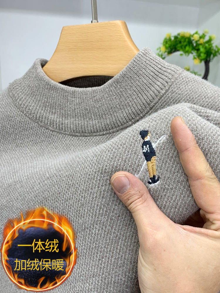 1/2 High Collar Winter Knitted Sweater Men Thickened Fleece Warm Top One-piece Fleece Base Shirt Casual Style Middle-aged Dark gray