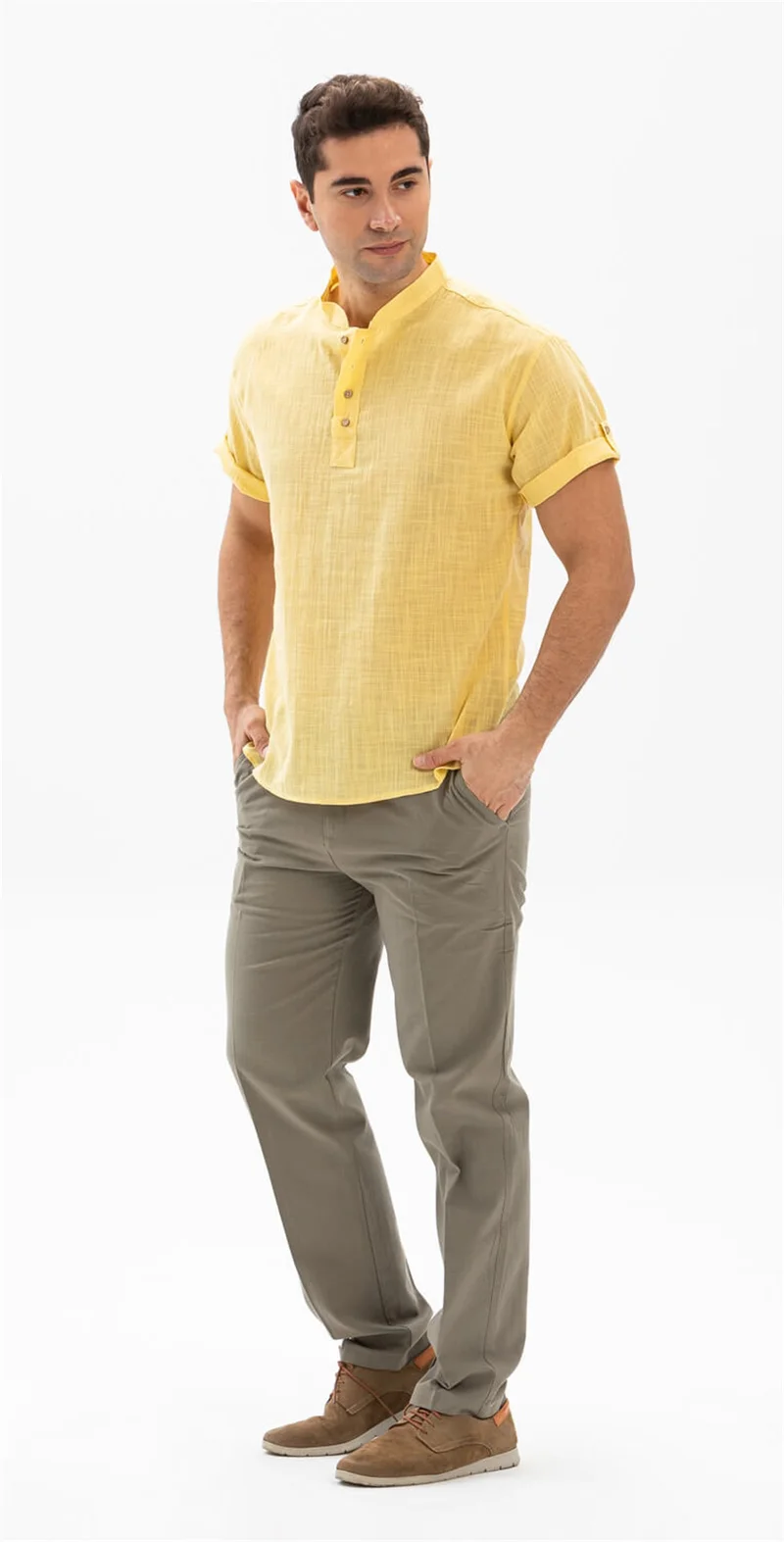 Eliş Şile Bezi Short Sleeve Şile Cloth Bodrum Men's T-shirt Yellow 3073