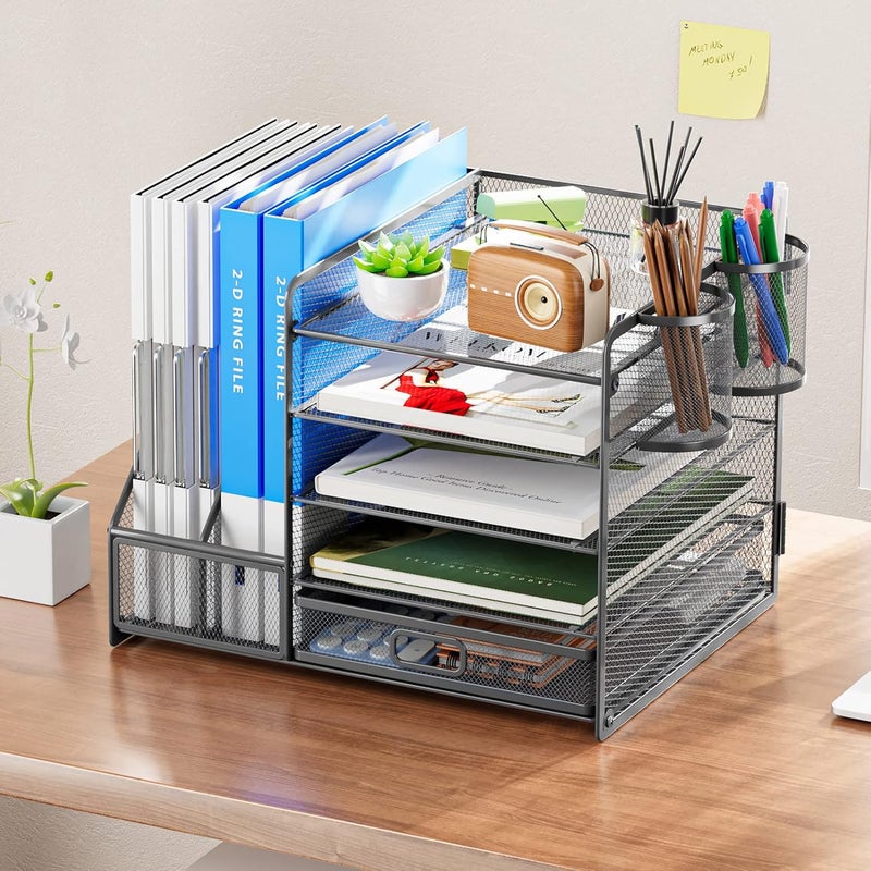 Marbrasse Desk Organizer with File Holder, 5-Tier Paper Letter Tray Organizer with Drawer and 2 Pen Holder, Mesh Desktop Organizer and Storage with Magazine Holder for Office Supplies (Grey) - Image 3