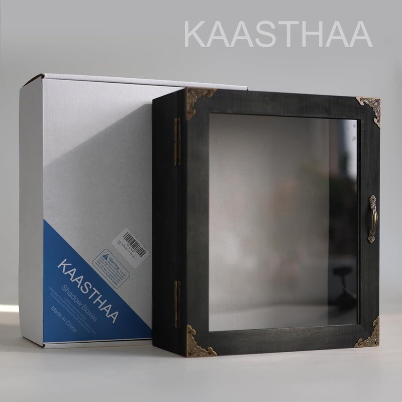 KAASTHAA Shadow Box Frame 11x13, Depth 5in Shadow Boxes Display Cases, Acrylic Door, Rustic Burnt Wood, Vintage Metal Accents, Hinged Door, Metal Handle and Latch, Linen Back - Image 5