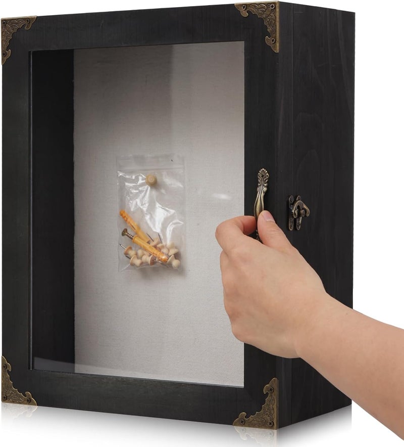 KAASTHAA Shadow Box Frame 11x13, Depth 5in Shadow Boxes Display Cases, Acrylic Door, Rustic Burnt Wood, Vintage Metal Accents, Hinged Door, Metal Handle and Latch, Linen Back - Image 3