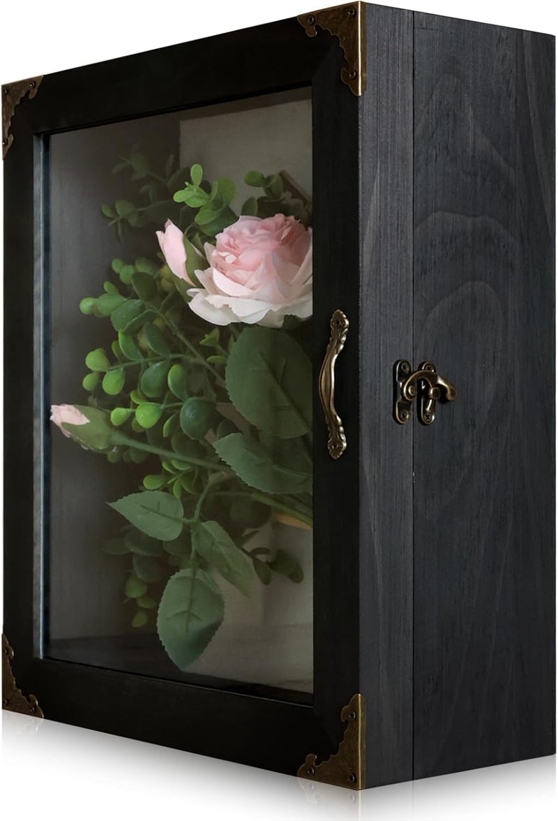 KAASTHAA Shadow Box Frame 11x13, Depth 5in Shadow Boxes Display Cases, Acrylic Door, Rustic Burnt Wood, Vintage Metal Accents, Hinged Door, Metal Handle and Latch, Linen Back - Image 1