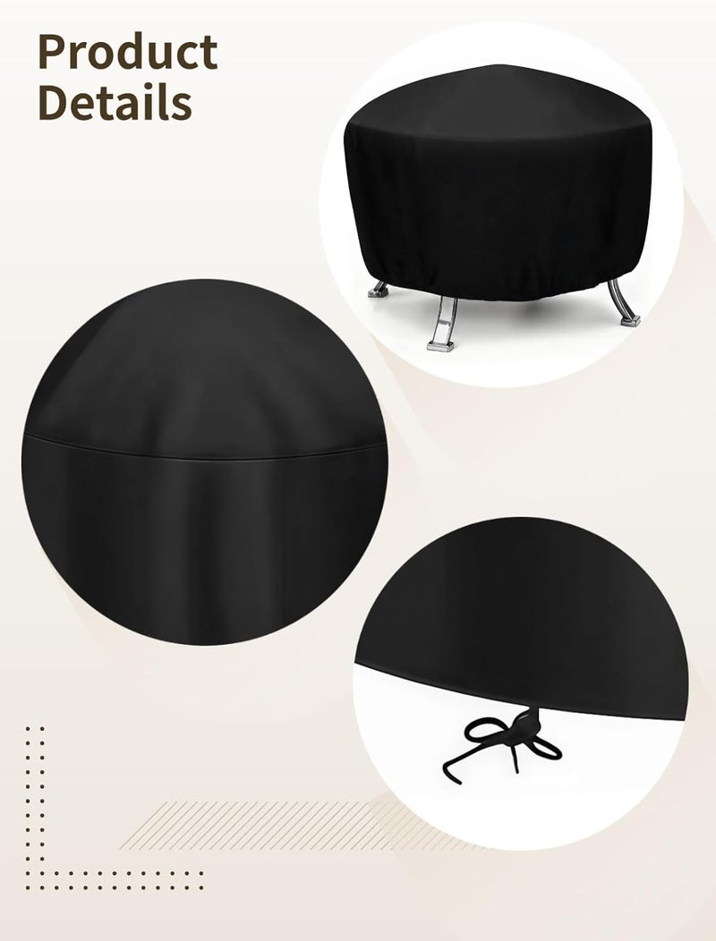 32 Inch Fire Pit Cover, Round Patio Fireplace Cover, Weather Resistant Oxford Fabric, Black Protective Cover - Image 2