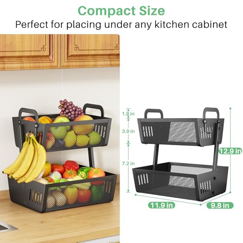 SAYZH Fruit Basket Bowls For Kitchen Counter with Banana Hangers - Detachable Metal Mesh Basket Fruit Stand with Handle - Kitchen Vegetables Bread Snacks Storage Organization, 2 Tier Black - Image 2
