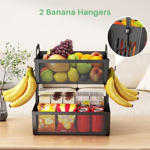 SAYZH Fruit Basket Bowls For Kitchen Counter with Banana Hangers - Detachable Metal Mesh Basket Fruit Stand with Handle - Kitchen Vegetables Bread Snacks Storage Organization, 2 Tier Black - Image 4