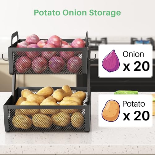 SAYZH Fruit Basket Bowls For Kitchen Counter with Banana Hangers - Detachable Metal Mesh Basket Fruit Stand with Handle - Kitchen Vegetables Bread Snacks Storage Organization, 2 Tier Black - Image 5