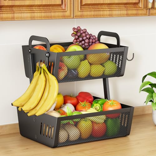 SAYZH Fruit Basket Bowls For Kitchen Counter with Banana Hangers - Detachable Metal Mesh Basket Fruit Stand with Handle - Kitchen Vegetables Bread Snacks Storage Organization, 2 Tier Black - Image 1