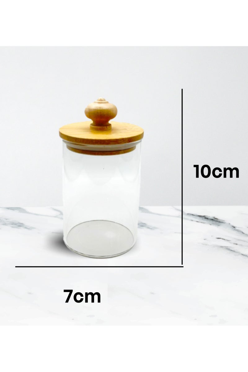 ايرس 4 برطمانات زجاجية مع رف خشبي دوار - حاويات لتخزين التوابل والبقوليات والمكسرات والفواكه المجففة - حامل من الخيزران بأغطية خشبية محكمة الإغلاق لتخزين منضدة المطبخ وغرفة الطعام والمخزن - Image 3