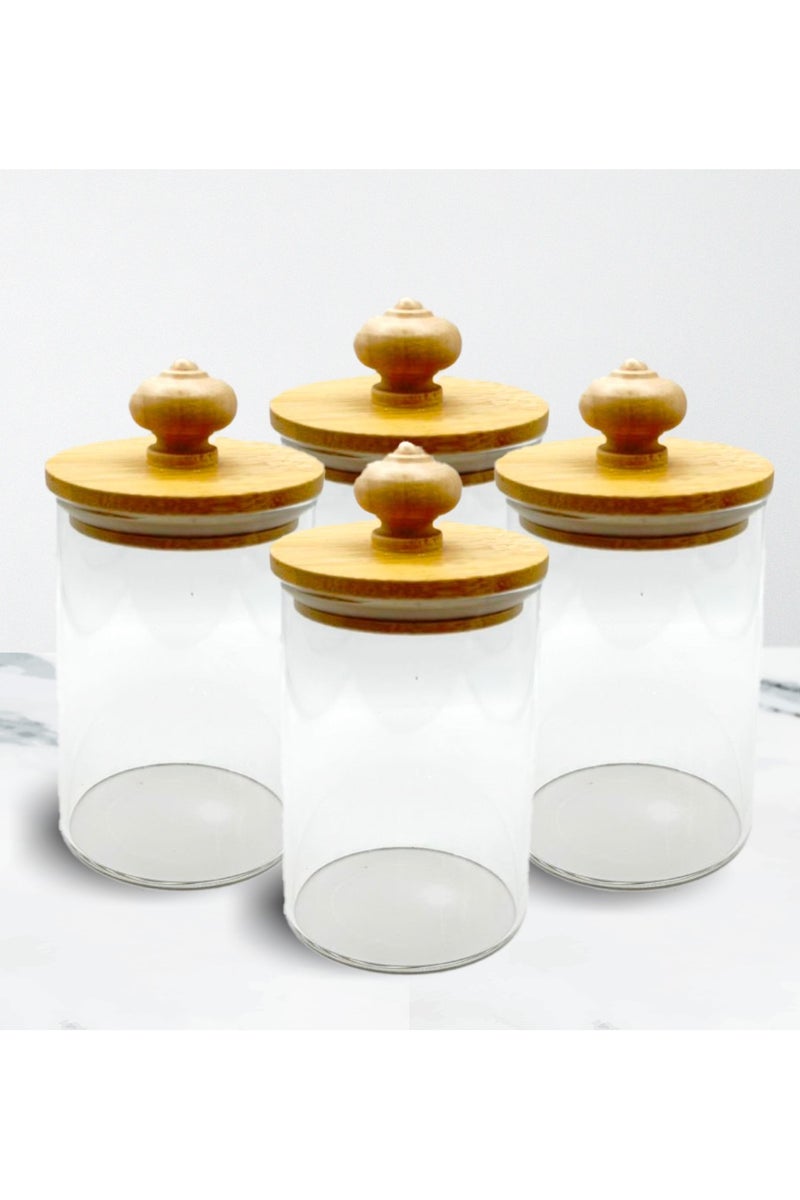 ايرس 4 برطمانات زجاجية مع رف خشبي دوار - حاويات لتخزين التوابل والبقوليات والمكسرات والفواكه المجففة - حامل من الخيزران بأغطية خشبية محكمة الإغلاق لتخزين منضدة المطبخ وغرفة الطعام والمخزن - Image 4