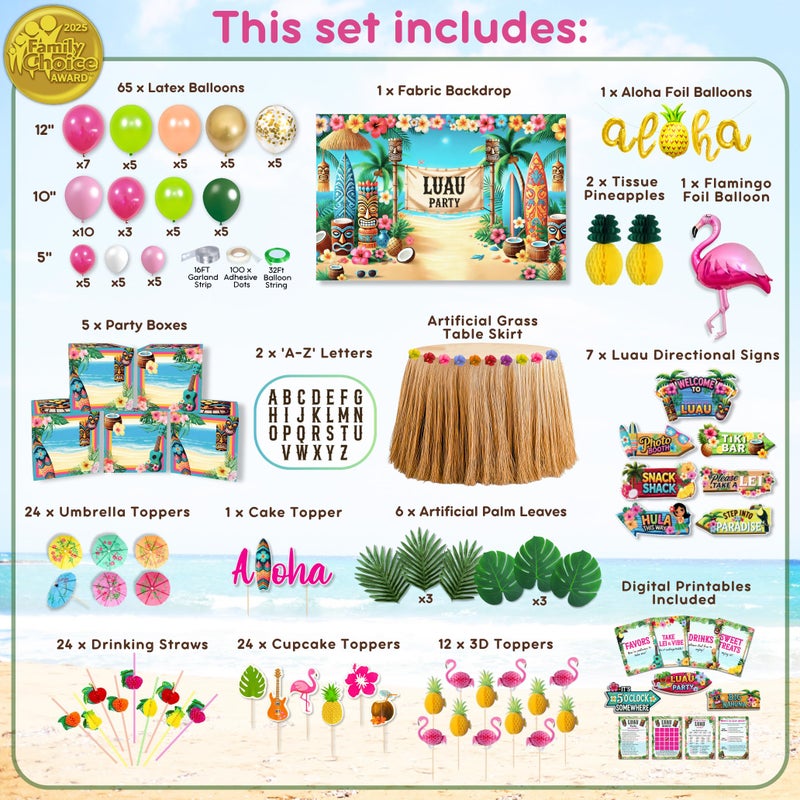 RainMeadow 180 pc Premium Luau Party Decorations Set â€“ Hawaiian Birthday Party Decor with Balloons, Backdrop, Table Skirt, Toppers & More â€“ Tropical Aloha Themed Supplies for Indoor & Outdoor Celebrations - Image 2