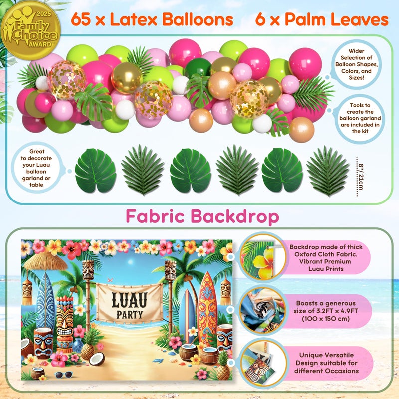 RainMeadow 180 pc Premium Luau Party Decorations Set â€“ Hawaiian Birthday Party Decor with Balloons, Backdrop, Table Skirt, Toppers & More â€“ Tropical Aloha Themed Supplies for Indoor & Outdoor Celebrations - Image 4
