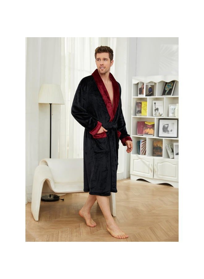 U2SKIIN Mens Fleece Robe Plush Collar Shawl Bathrobe, Black/Dark Red, XXL-3XL - Image 4