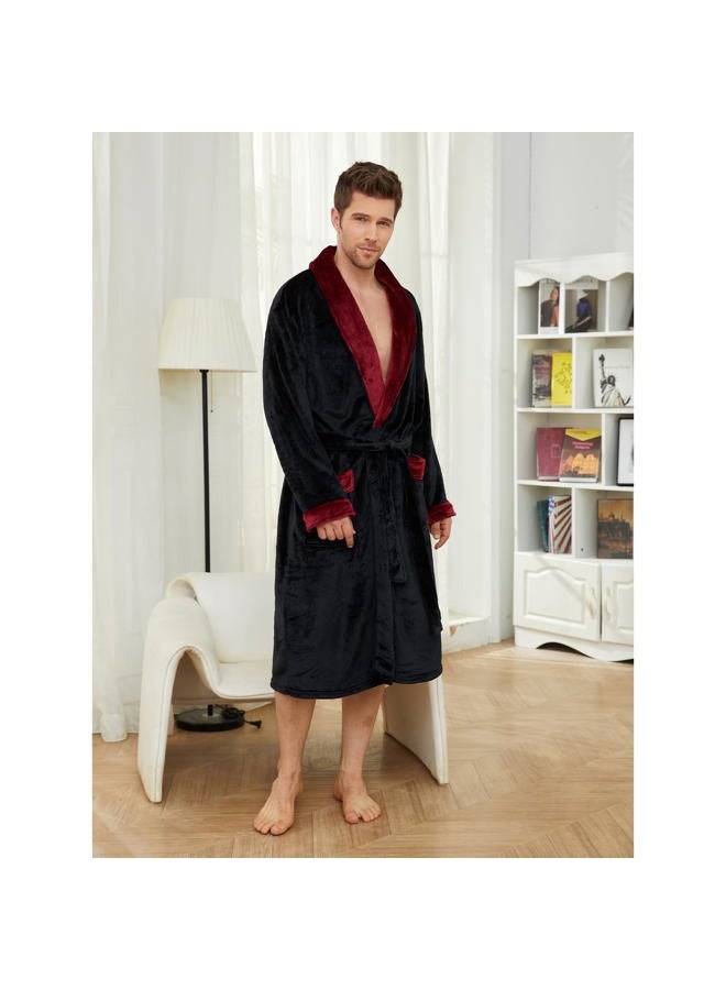 U2SKIIN Mens Fleece Robe Plush Collar Shawl Bathrobe, Black/Dark Red, XXL-3XL - Image 2