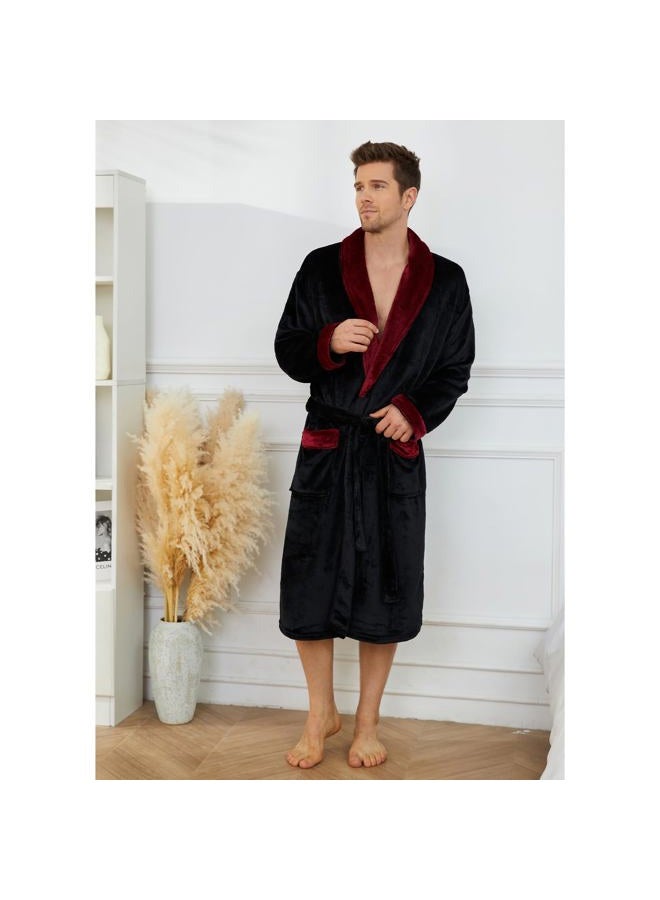 U2SKIIN Mens Fleece Robe Plush Collar Shawl Bathrobe, Black/Dark Red, XXL-3XL - Image 5