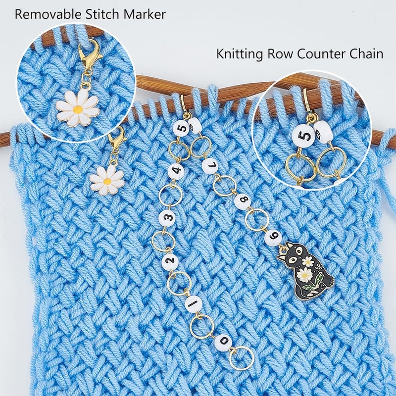 PLIGREAT 2 Sets Black Flowered Cat Knitting Row Counter Cute Locking Stitch Markers Chain for Easy Count Grandma Mom Gifts Quilting Weaving Sewing Tools DIY Jewelry Making Accessories - Image 3