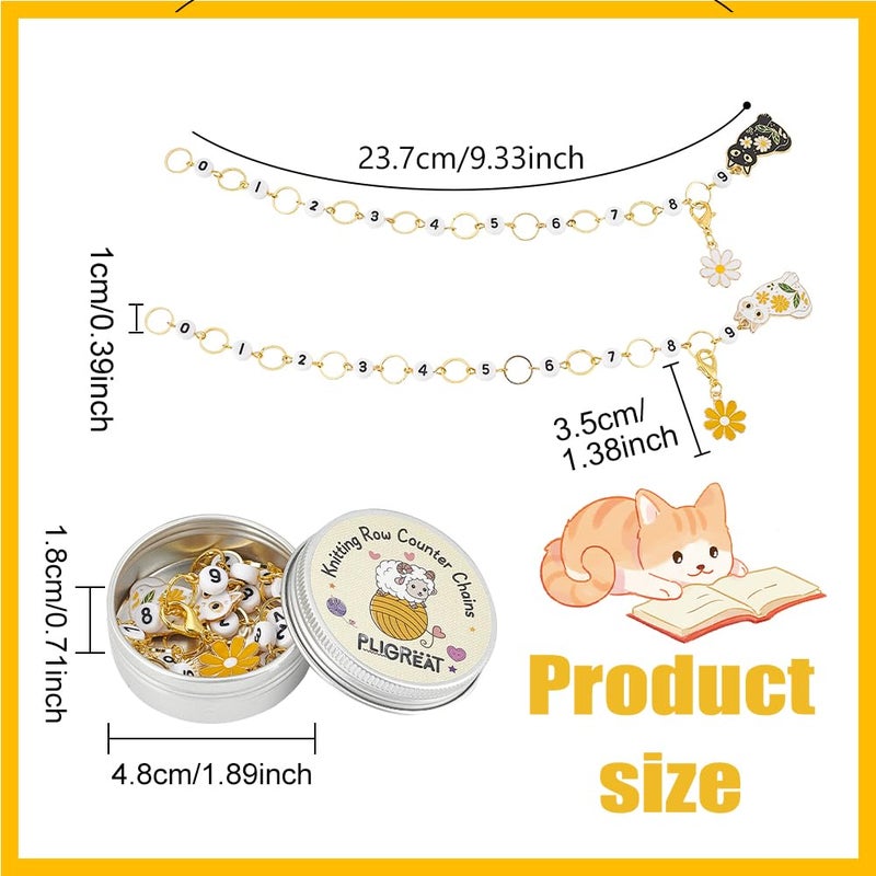 PLIGREAT 2 Sets Black Flowered Cat Knitting Row Counter Cute Locking Stitch Markers Chain for Easy Count Grandma Mom Gifts Quilting Weaving Sewing Tools DIY Jewelry Making Accessories - Image 2